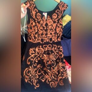 Anthropologie Yoana Baraschi Black and Orange Lace Appliqué Midi Dress Size: 4